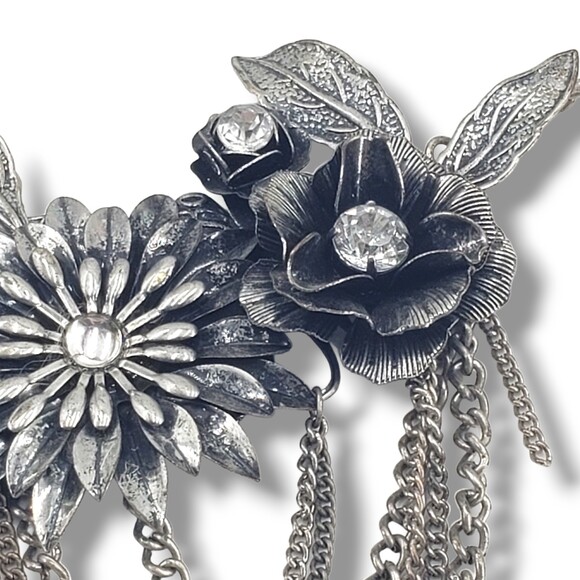 Silver Tone Metal Flower Rhinestone Bib Chain Loops Collar Necklace Art Nouveau - Picture 6 of 9